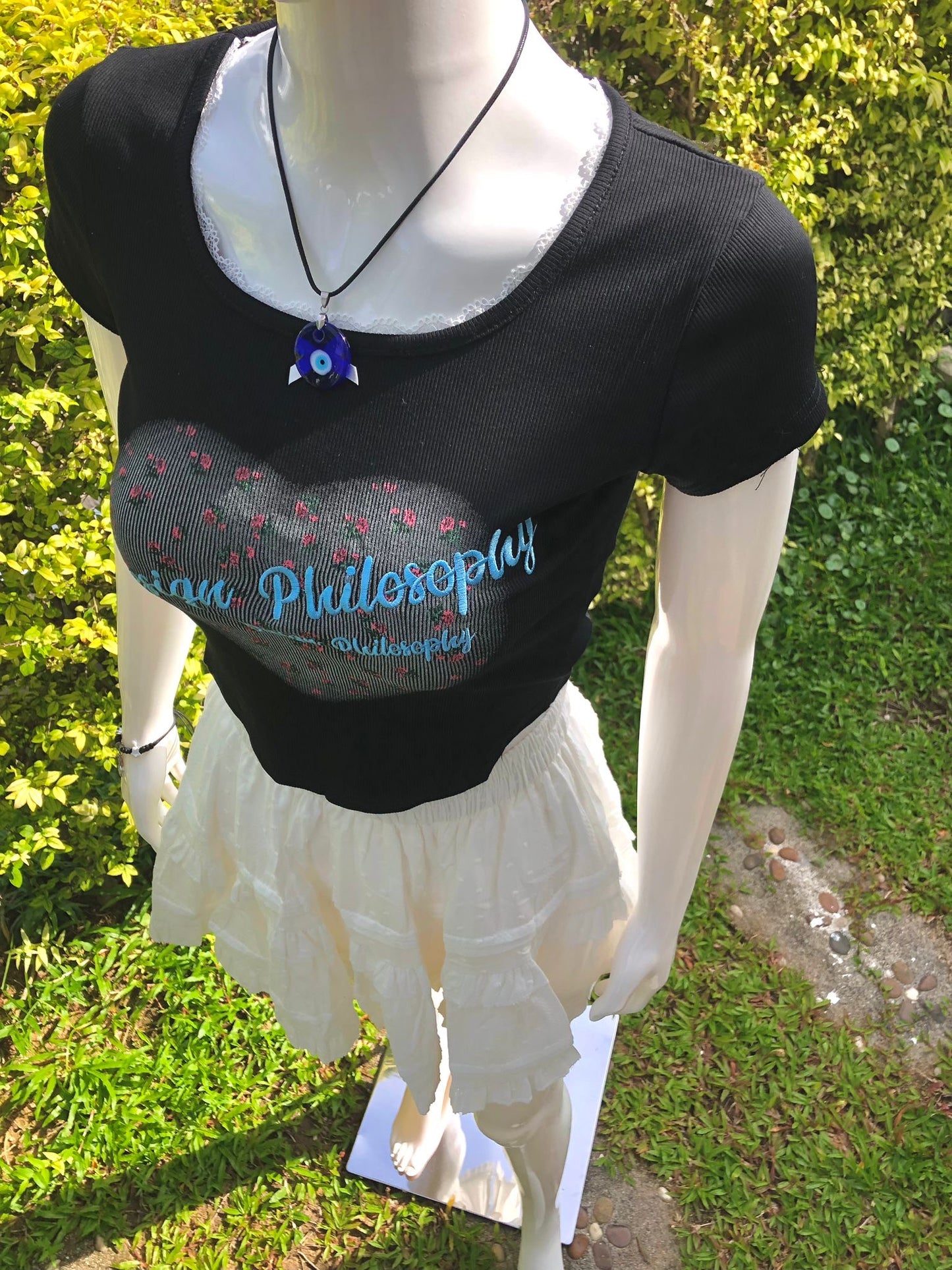 Black "Design Philosophy" Mesh Heart Crop Top