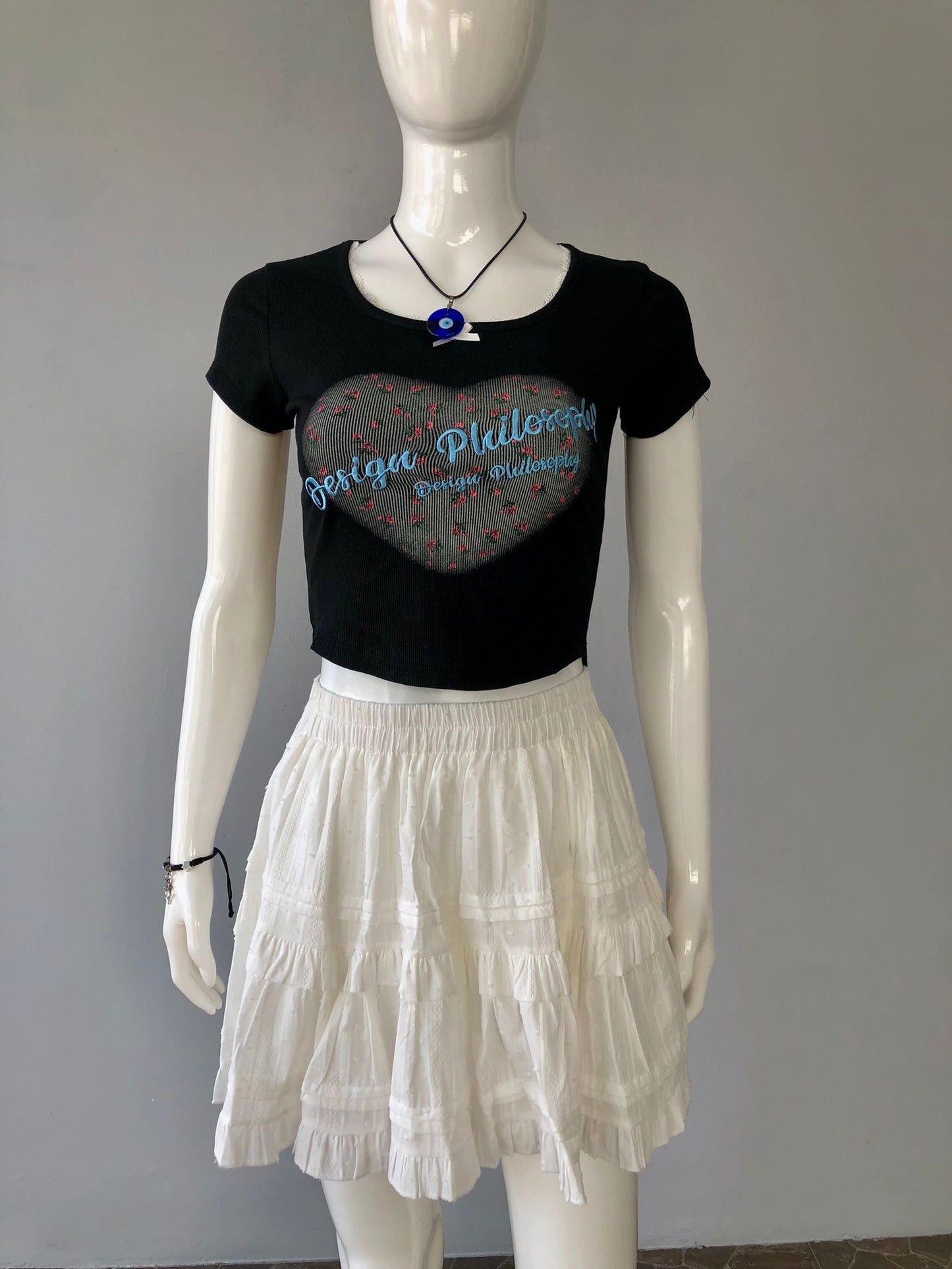 Black "Design Philosophy" Mesh Heart Crop Top