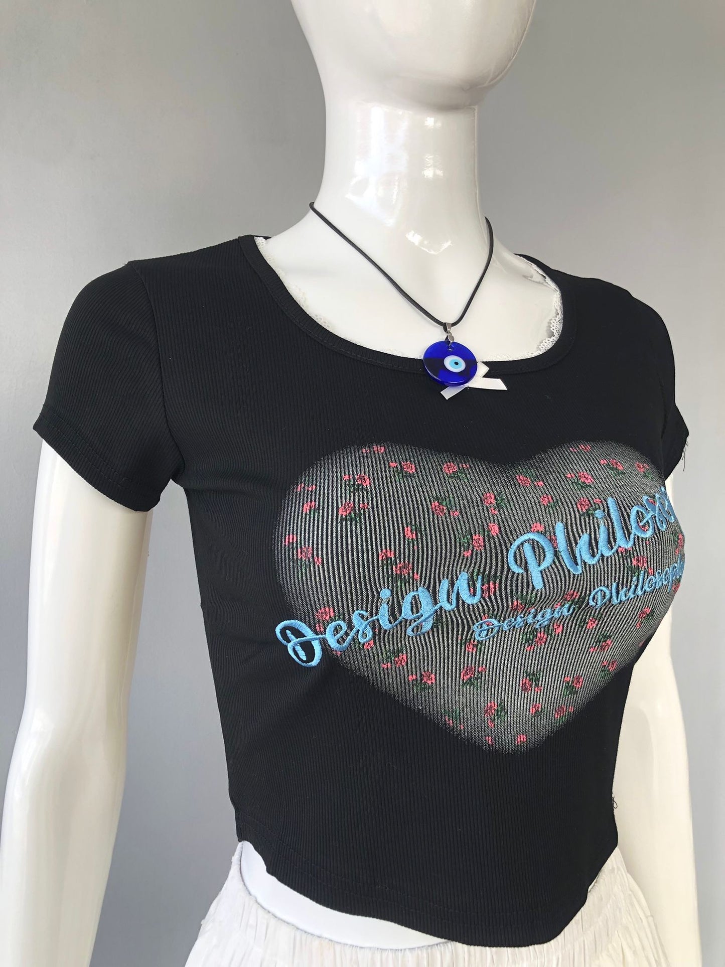 Black "Design Philosophy" Mesh Heart Crop Top