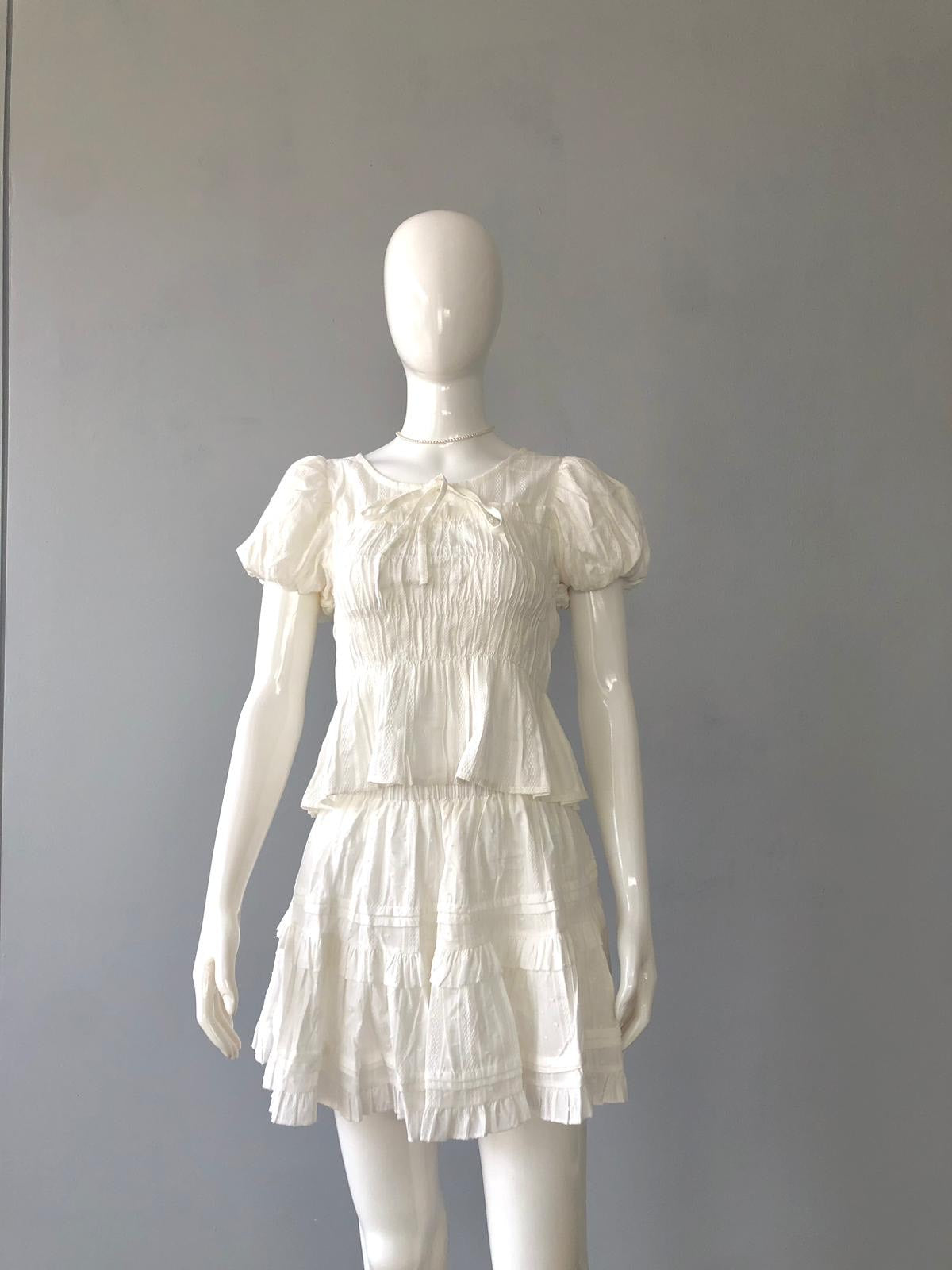 Elegant White Textured Blouse - Romantic Puff Sleeve Top