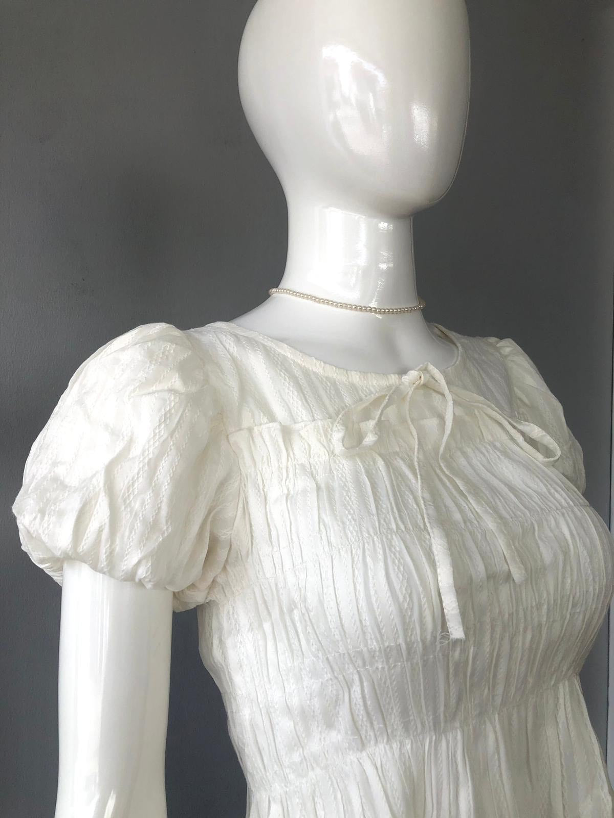 Elegant White Textured Blouse - Romantic Puff Sleeve Top
