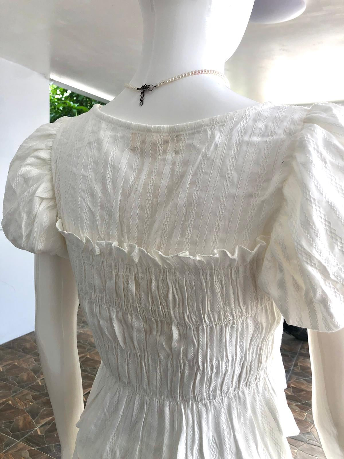 Elegant White Textured Blouse - Romantic Puff Sleeve Top