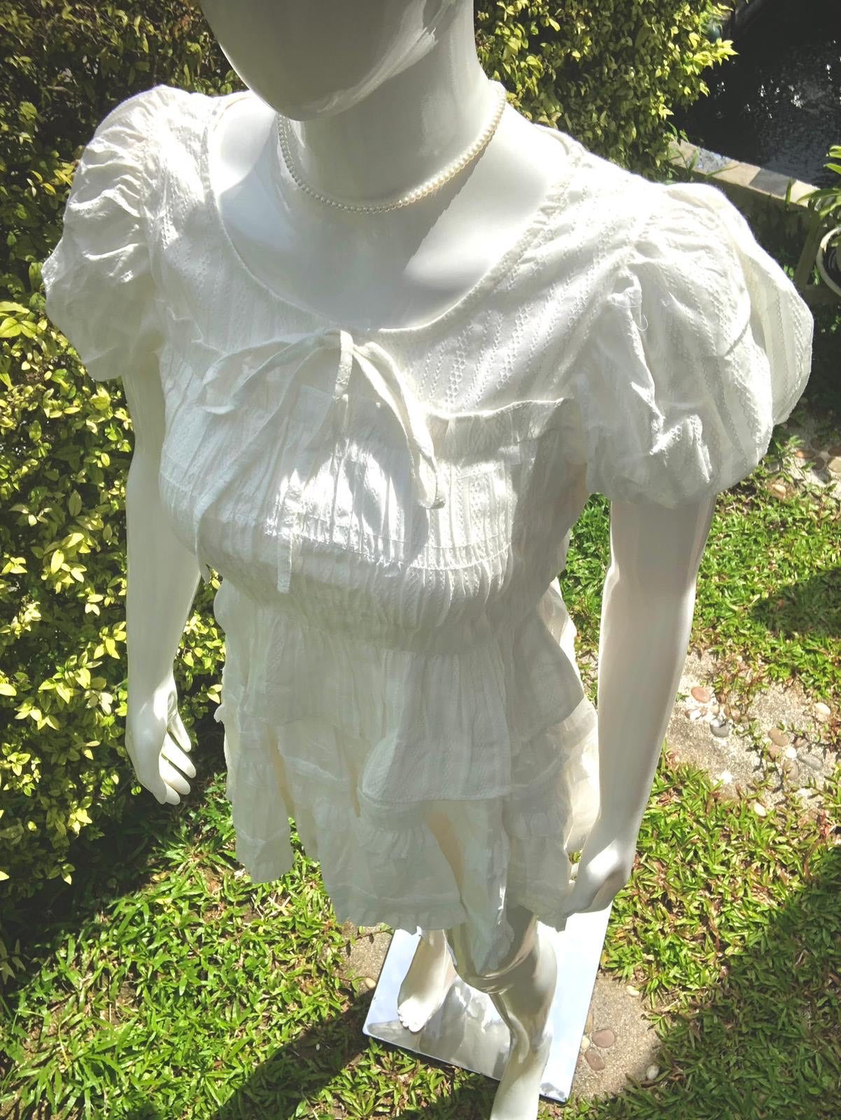 Elegant White Textured Blouse - Romantic Puff Sleeve Top